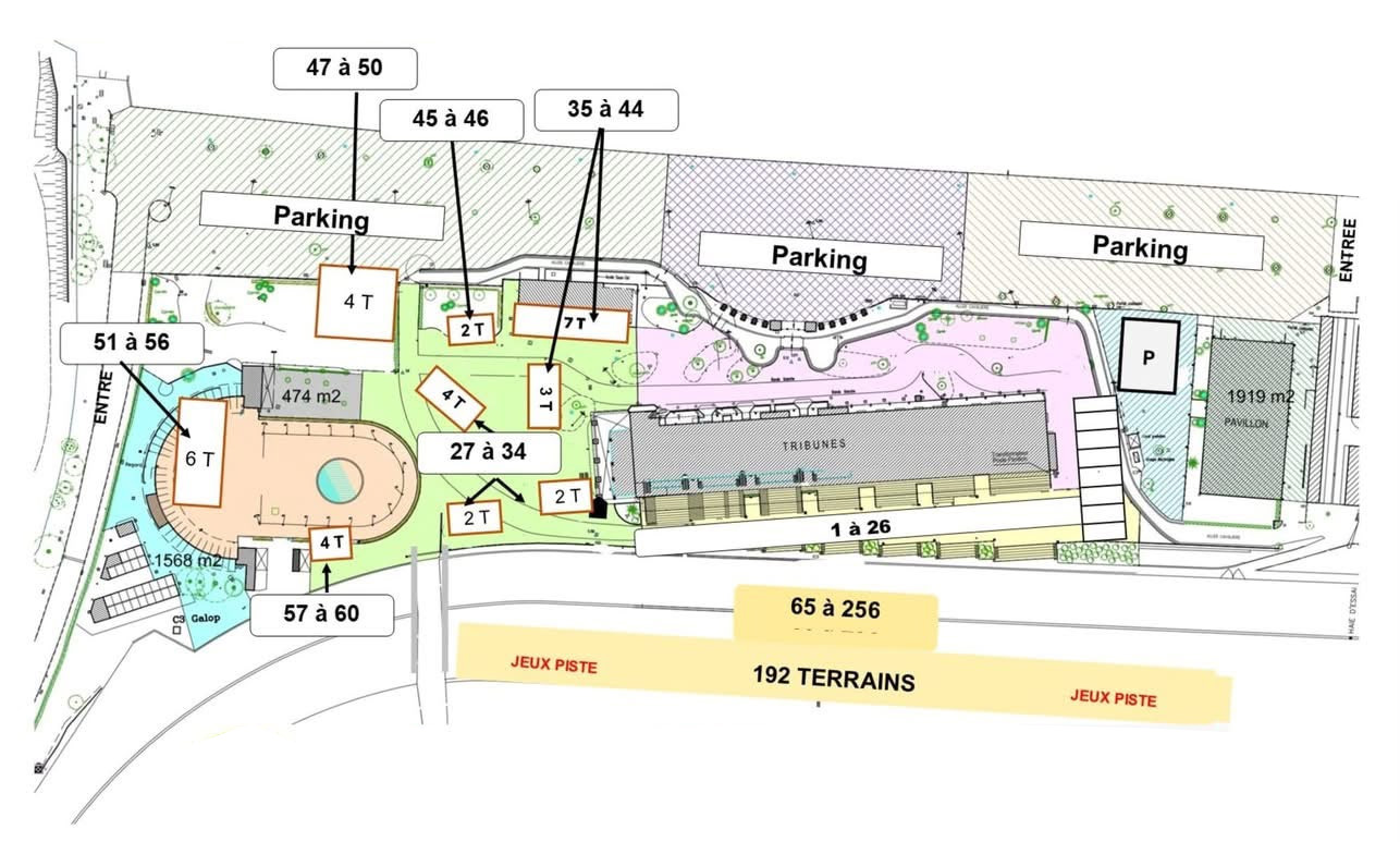 Plan de l’Europétanque : terrains 1 à 26 devant les tribunes, groupes 27 à 60 autour des bâtiments et jeux piste 65 à 256 en bas du plan.
